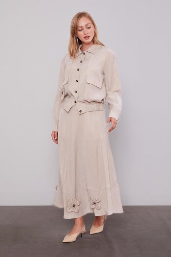 Levidor A.Pudra Rose Detailed Cupra Skirt Suit