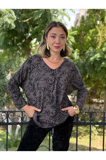 Punta Otantik Nc1128 Italian V-Neck Rose Pattern Knitwear Blouse Coffee
