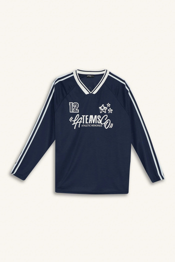 DeFacto F8752 Navy Blue Coool Oversize Wide Fit V-Neck Printed Long Sleeve T-Shirt