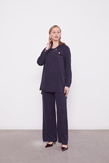 Levidor Navy Blue Zipper Collar Button Pocket Detailed Tunic Set