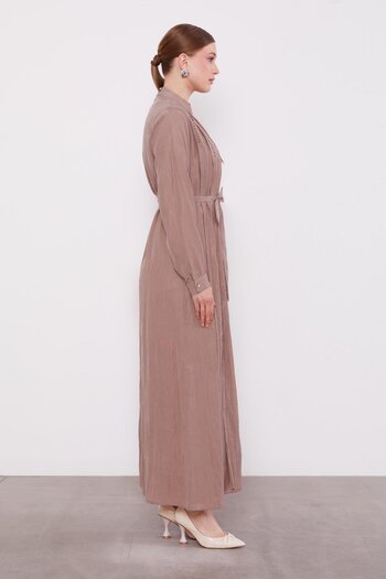 Levidor Brown Waist-Tie Pleated Detail Cupra Dress