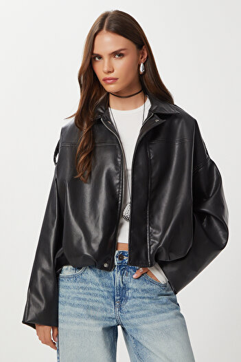 Lovelyİstanbul Faux Leather Bomber Jacket Loh0012 Black