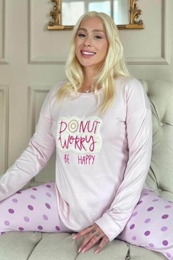 Pijamaevi Powder Pink Donut Worry Pattern Thermal Women's Pajamas Set