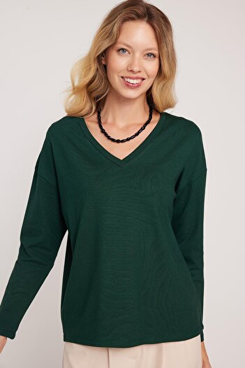 Tudors Women's Slim Fit Slim Fit Viscose Fabric V Neck Green Blouse