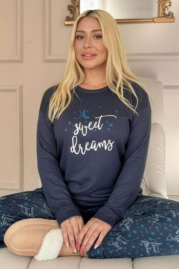 Pijamaevi Navy Blue Sweet Dreams Patterned Thermal Women's Pajama Set
