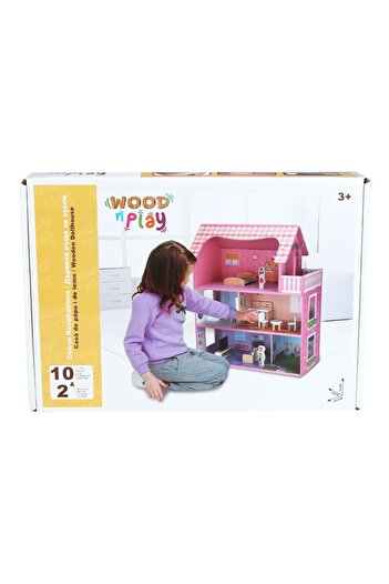 OEM Wooden Dollhouse with Furniture & 2 Dolls for 49.5x24x61cm