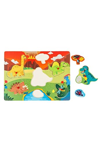 OEM Puzzle Lemn, Dinozauri La Lac, 7 Piese, Multicolor, 30x22cm