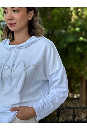 Punta Otantik Nc8533C Italian Joy Stone Hooded Cotton Sweatshirt White
