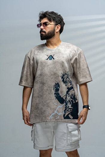 saneafn Beige T-shirt with Killua Zoldyck character design