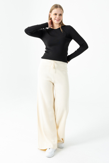 GİYSA Women's High Waist Knit Pants with Elastic Waist and Tie Detail Cream - 25K 2251