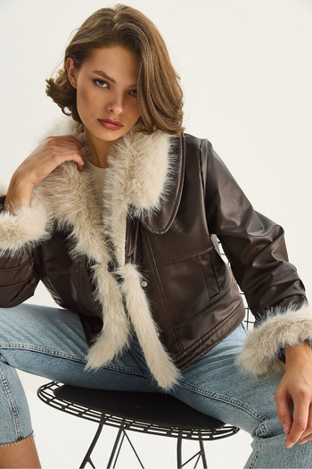 Bianco Lucci Women's Fur Collar and Sleeves Faux Leather Jacket 2760 60261576