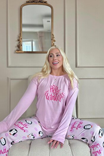 Pijamaevi Pink Penguin Winter Patterned Thermal Women's Pajama Set