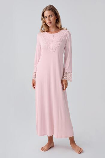 Artış Long Sleeve Lace Buttoned Stretchy Viscous Nightgown