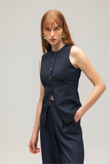 Saade Navy Blue Women's Modern Fit Straight Cut Buttoned Woven Vest