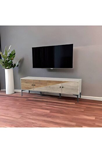 Crestj Wooden TV Stand with Drawers || Gray - Brown