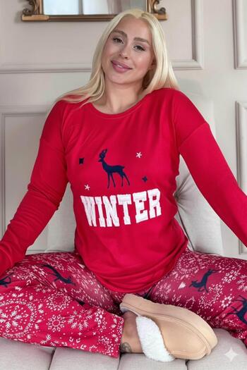 Pijamaevi Red Deer Winter Patterned Thermal Women's Pajama Set