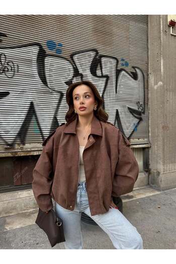 RosePearl Women's Oversize Bomber Suede Light Brown Jacket