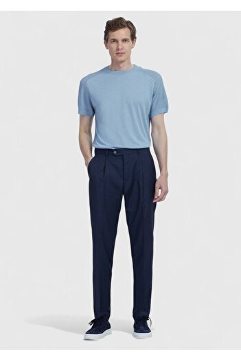 Ramsey Navy Blue Plain Fabric Slim Fit Casual 100% Wool Trousers