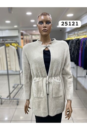 Aylin Güncüoğlu Stone Color Long Sleeve Plush Jacket with Brooch Closure on the Front