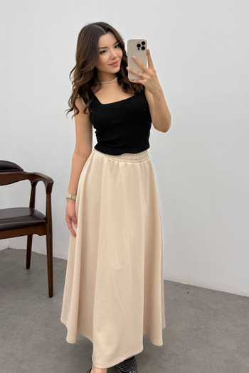 Bipantolon Women's Cream Elastic Waist Scuba Flared Skirt