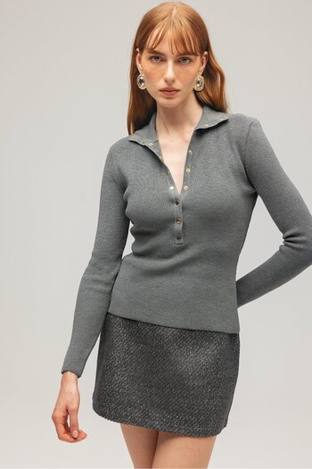 Saade Anthracite Women's Cashmere Fabric Woven Mini Skirt