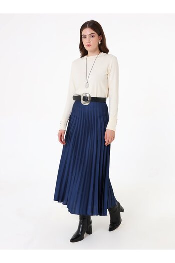 Refka High Waist Pleated Long Skirt - Navy Blue -
