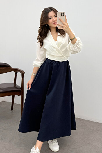 Bipantolon Women's Navy Blue Elastic Waist Scuba Flared Skirt