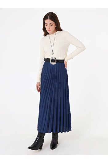 Refka High Waist Pleated Long Skirt - Navy Blue -