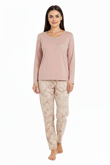 Bravie Elite Viscose Long Pajama Set with Six Flower Patterns and Writing on Top Powder 3564