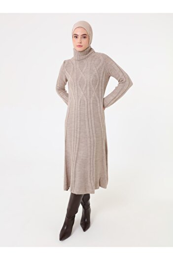 Refka Knitted Detailed Knitwear Hijab Dress - Mink -