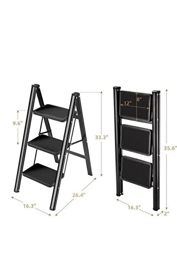 Cady One 3 Step Portable Folding Ladder with Extra Wide Non-Slip Heavy Duty Steel Pedal and Hand Grip