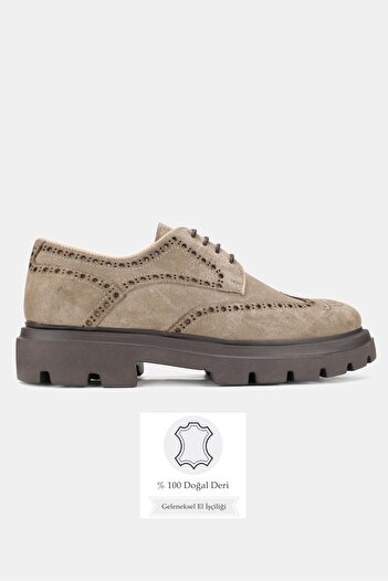 TUNAELLİ Men's Beige Suede Genuine Natural Leather Size 39-45 Eva Sole Lace-Up Shoes