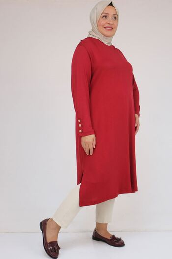 Eslina 58116 Plus Size Strawberry Tunic with Button Detail on Sleeves and Shoulders - Burgundy