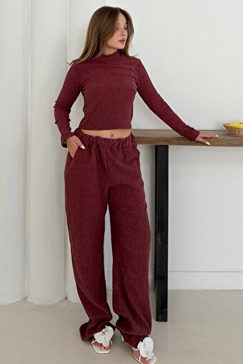 VAGGON Women's Burgundy Wide Sleeve Crop Blouse and Elastic Waist Trousers Ribbed Set Vs01253
