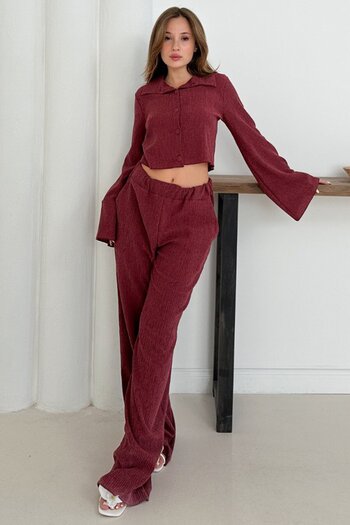 VAGGON Women's Burgundy Wide Sleeve Crop Shirt and Elastic Waist Trousers Ribbed Suit Vs01256