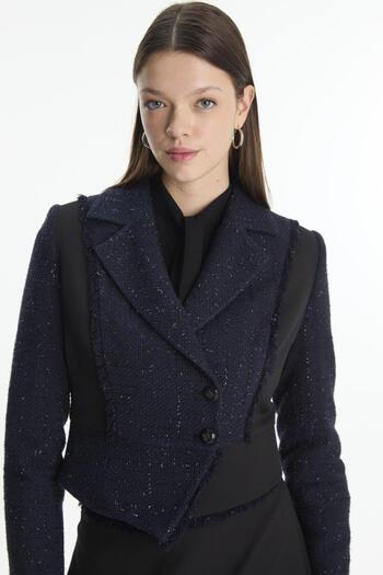 Zühre Tweed Patterned Jacket Skirt Two-Piece Black Set Tk-1661