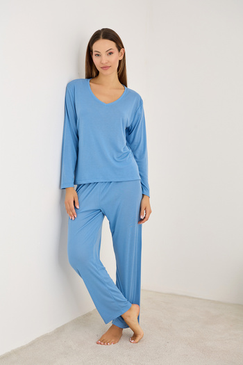 Siyah İnci Blue V-Neck Soft Tuşe Knitted Pajama Set7942