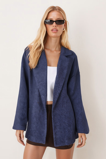 armonika Women's Dark Blue Men's Collar Oversized Jacket with Slits on the Sides Arm-26K001009