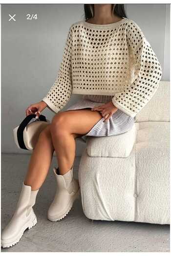 LİBASSİNİ Openwork Women's Oversize Crop Stone Color