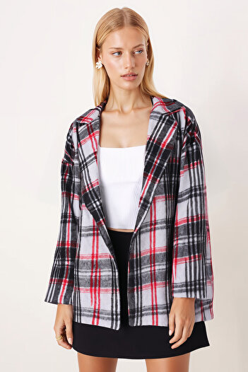 armonika Women's Black-Red Men's Collar Oversize Jacket with Slits on the Sides Arm-26K001009