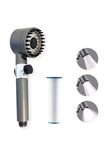 Otto Shower Head with Massage Brush - Adjustable Water Pressure Modes, Detachable Head, Metallic Gray