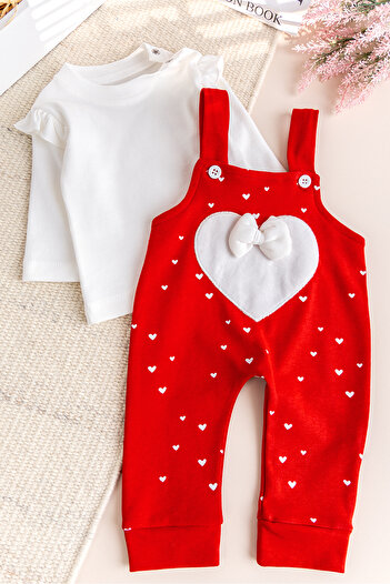 Babymod Heart Patterned Bow Baby Girl Jumpsuit Salopet Set