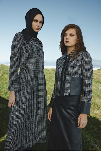 Zühre Tweed Patterned Leather Detailed Black/Black Double Suit Tk-1658