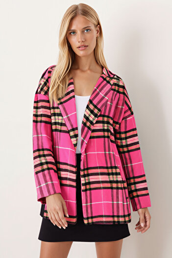 armonika Women's Pink Men's Collar Oversize Jacket with Slits on the Sides Arm-26K001009