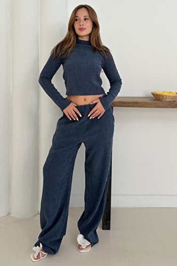 VAGGON Women's Indigo Wide Sleeve Crop Blouse and Elastic Waist Trousers Ribbed Set Vs01253