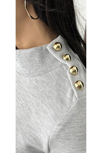 mor butik Women's Gold Button Detail Gray Bluse