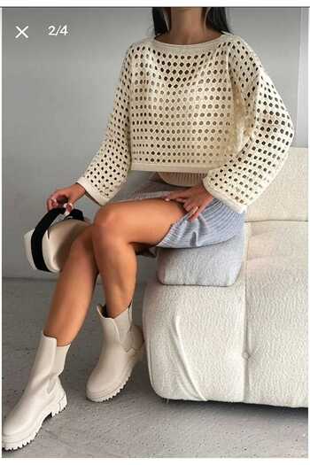 LİBASSİNİ Openwork Women's Oversize Crop Stone Color