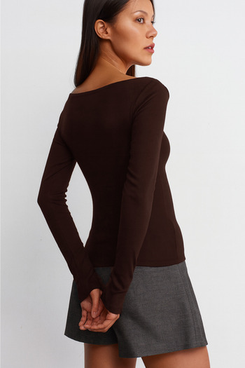 VODENS Brown Boat Neck Long Sleeve Top 100% Cotton