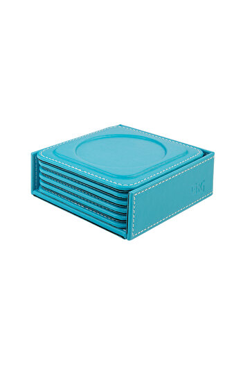 2K Coasters, Set of 6, Desktop Round Cup Coaster, Vegan Faux Leather, 11X11 Cm., Turquoise