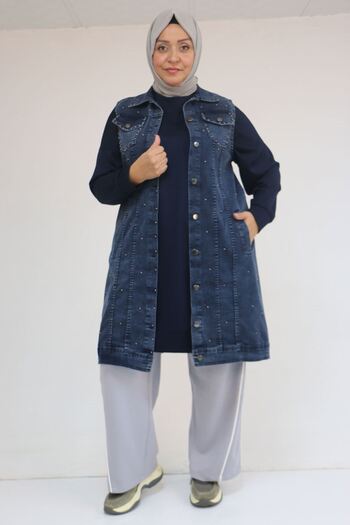 Eslina 54007 Plus Size Double Pocket Pearl Studded Denim Vest - Snow Wash Navy Blue